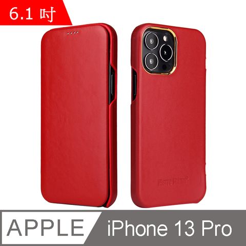 Fierre Shann 商務紋 iPhone 13 Pro (6.1吋) 磁吸側掀 手工真皮皮套 手機皮套保護殼-紅色