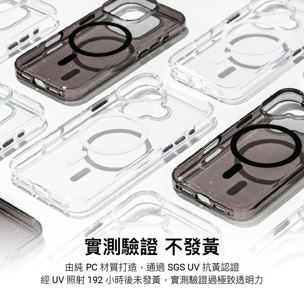實測驗證 不發黃由 PC 材質打造,通過SGS  抗黃認證經 UV 照射 192 小時後未發黃,實測驗證過極致透明力