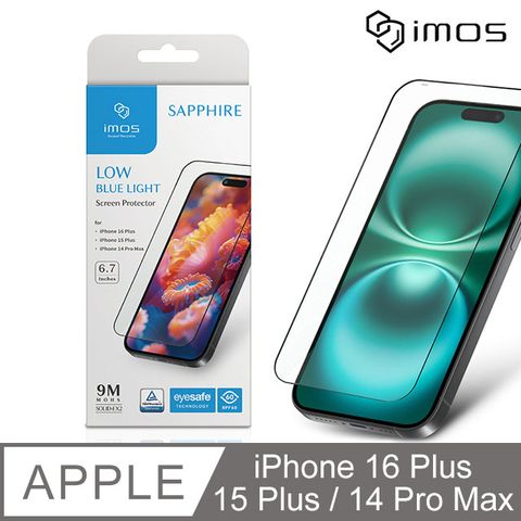 imos Apple iPhone 16 Plus / 15 Plus / 14 Pro Max 6.7吋 9M滿版黑邊RPF60低藍光螢幕保護貼(人造藍寶石)