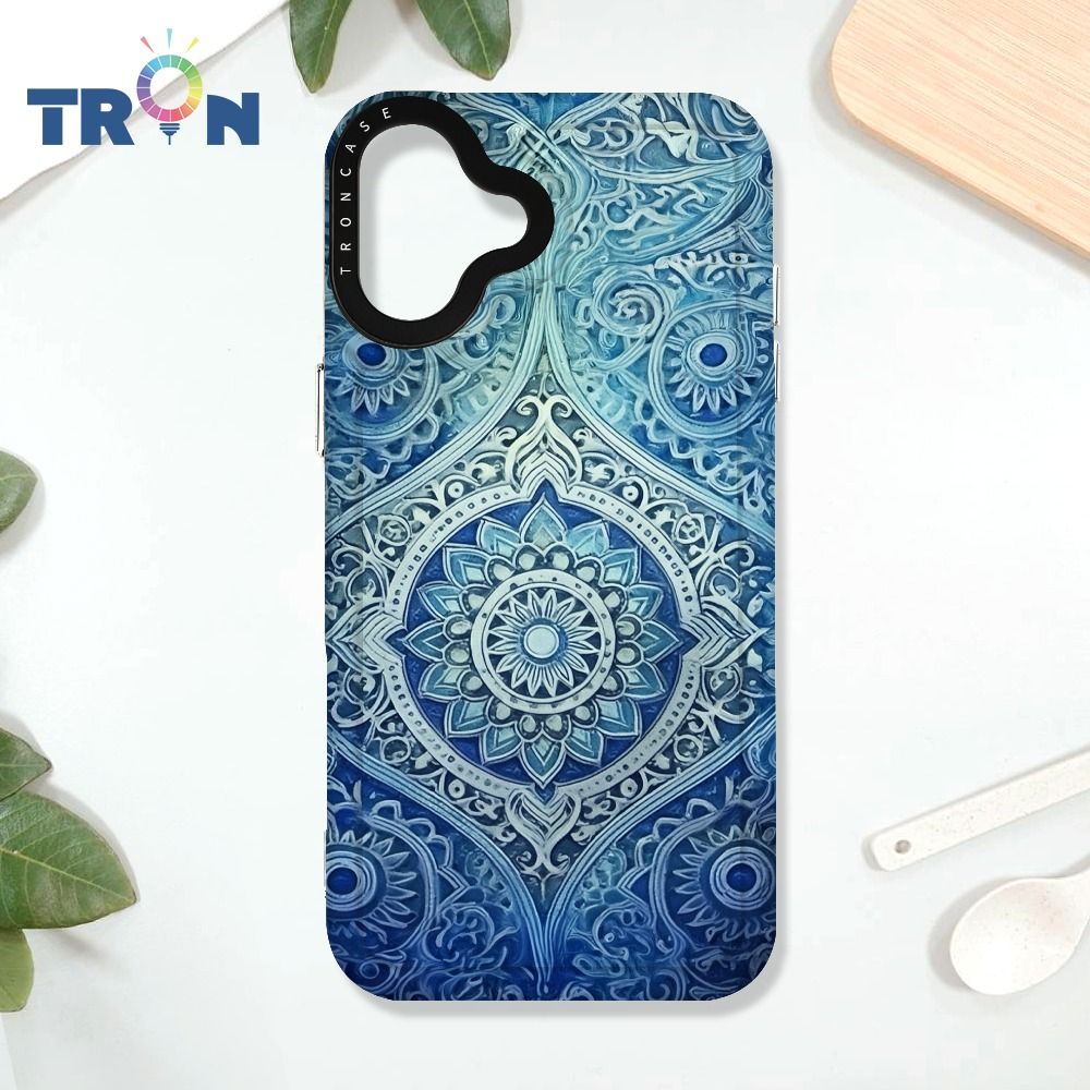  TRON iPhone 16 PLUS 藍色漸層印度Henna幸運祝福圖騰 太空殼 透黑款 手機殼