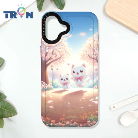 TRON iPhone 16 PLUS 櫻花插畫風格白貓咪 太空殼 透白款 手機殼