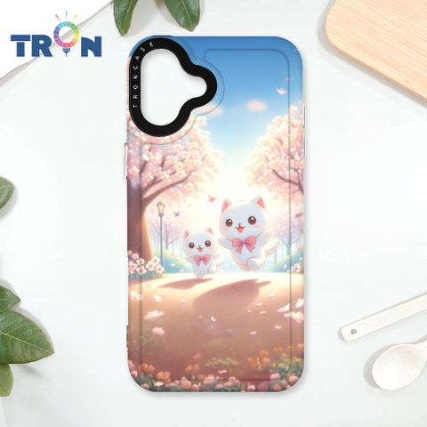 TRON IPhone 16 PLUS 櫻花插畫風格白貓咪 太空殼 透黑款 手機殼