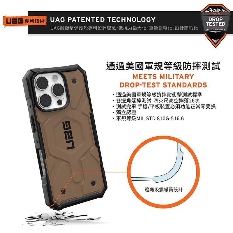 UAG PATENTED TECHNOLOGYUAG耐衝擊保護殼專利設計理念,抵抗力最大化、重量最輕化、設計簡約化APPROVEDDROPTESTEDMIL-516通過美國軍規等級防摔測試MEETS MILITARYDROP-TEST STANDARDS通過美國軍規等級抗摔耐衝擊測試標準各邊角落摔測試-四英尺高空摔落26次測試完畢 手機/平板裝置必須功能正常零受損獨立認證軍規等級MIL STD 810G-516.6邊角吸震緩衝設計