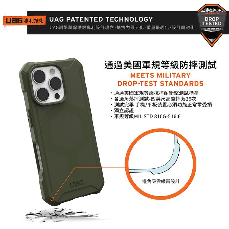 UAG PATENTED TECHNOLOGYUAG耐衝擊保護殼專利設計理念,抵抗力最大化、重量最輕化、設計簡約化APPROVEDDROPTESTEDMIL-516通過美國軍規等級防摔測試MEETS MILITARYDROP-TEST STANDARDS通過美國軍規等級抗摔耐衝擊測試標準各邊角落摔測試-四英尺高空摔落26次測試完畢 手機/平板裝置必須功能正常零受損獨立認證軍規等級MIL STD 810G-516.6邊角吸震緩衝設計