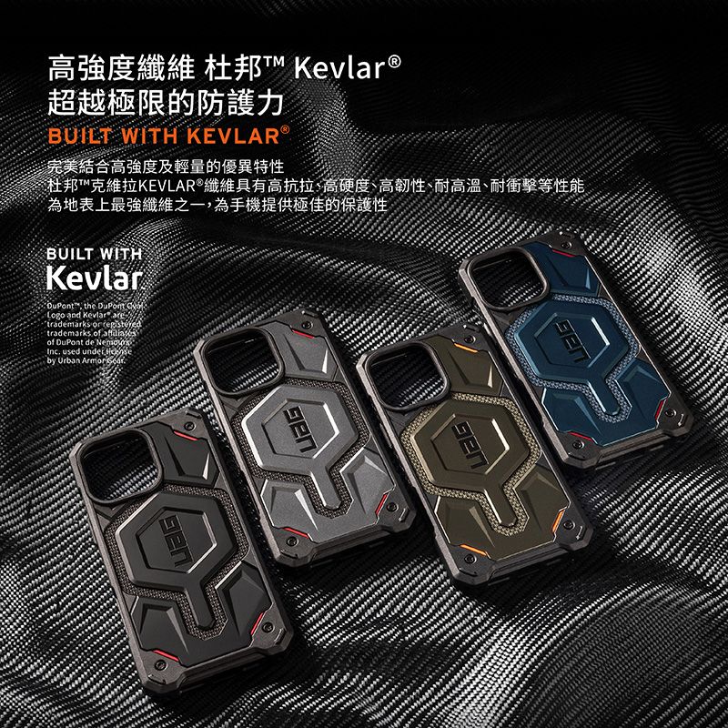 高強度纖維 杜邦™ Kevlar®超越極限的防護力BUILT WITH KEVLAR完美結合高強度及輕量的優異特性杜邦™克維拉KEVLAR®纖維具有高抗拉、高硬度、高韌性、耐高溫、耐衝擊等性能為地表上最強纖維之一為手機提供極佳的保護性BUILT WITHKevlarDuPont™, the DuPont Logo and Kevlar aretrademarks or trademarks of of DuPont de Inc used  by Urban Armor .