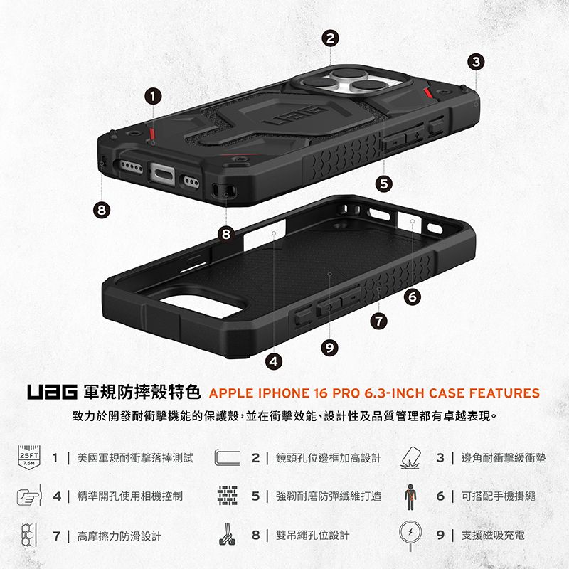 18543 軍防摔殼特色 APPLE IPHONE 16 PRO 6.3-INCH CASE FEATURES致力於開發耐衝擊機能的保護殼,並在衝擊效能、設計性及品質管理都有卓越表現。 精準開孔使用相機控制 1 美國軍規耐衝擊落摔測試2 鏡頭孔位邊框加高設計7.6M5 強韌耐磨防彈纖維打造 7 | 高摩擦力防滑設計 8雙吊繩孔位設計  耐衝擊緩衝墊6 | 可搭配手機掛繩9| 支援磁吸充電