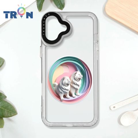 TRON iPhone 16 PLUS 可愛紙雕鬆獅犬 太空殼 透白款 手機殼