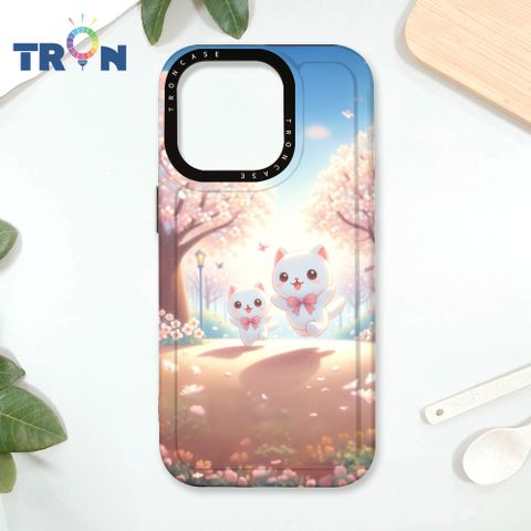 TRON IPhone 16 Pro 櫻花插畫風格白貓咪 太空殼 透黑款 手機殼