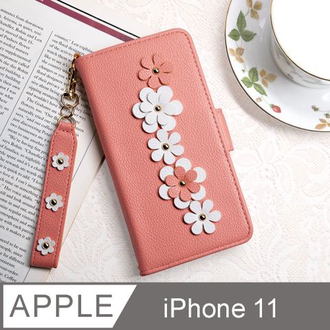 Aguchi 亞古奇 Apple iPhone 11 (6.1吋) 花語 鉚釘立體花朵手機皮套 頂級柔軟皮革 附皮質璀璨吊飾 - 蜜桃