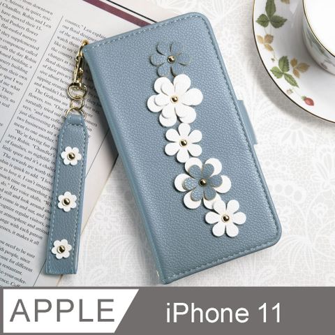 Aguchi 亞古奇 Apple iPhone 11 (6.1吋) 花語 鉚釘立體花朵手機皮套 頂級柔軟皮革 附皮質璀璨吊飾 - 蔚藍