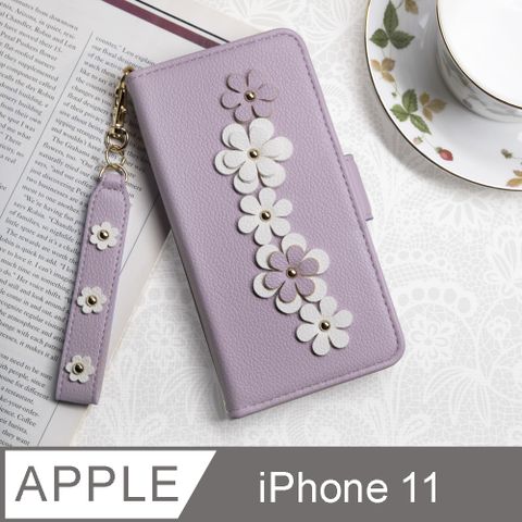 Aguchi 亞古奇 Apple iPhone 11 (6.1吋) 花語 鉚釘立體花朵手機皮套 頂級柔軟皮革 附皮質璀璨吊飾 - 柔紫
