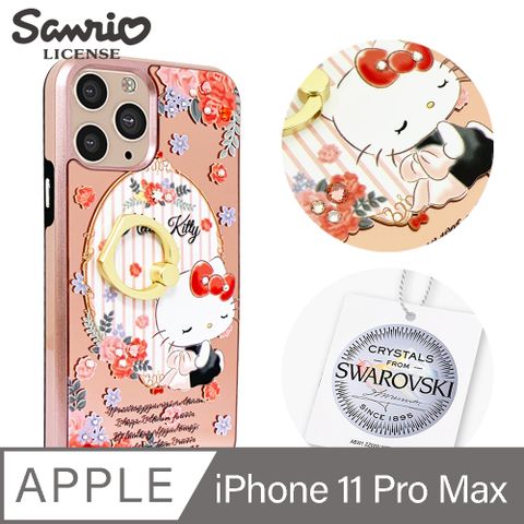 APBS 三麗鷗 Kitty iPhone 11 Pro Max 6.5吋施華彩鑽全包鏡面指環雙料手機殼-玫瑰凱蒂