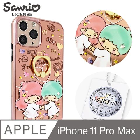 APBS 三麗鷗 Kitty iPhone 11 Pro Max 6.5吋施華彩鑽全包鏡面指環雙料手機殼-舞動雙子星