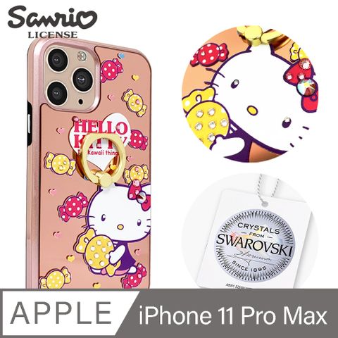 APBS 三麗鷗 Kitty iPhone 11 Pro Max 6.5吋施華彩鑽全包鏡面指環雙料手機殼-蜜糖凱蒂