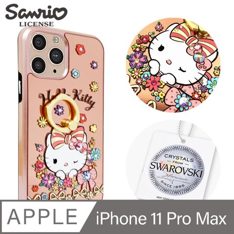 APBS 三麗鷗 Kitty iPhone 11 Pro Max 6.5吋施華彩鑽全包鏡面指環雙料手機殼-緞帶凱蒂