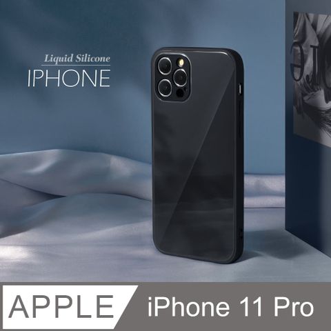 雅緻銀框液態矽膠玻璃殼 iPhone 11 Pro 手機殼 i11 Pro 保護殼 鋼化玻璃 軟邊硬殼 /極簡黑