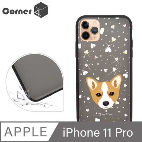 Corner4 Corner4 iPhone 11 Pro 5.8吋柔滑觸感軍規防摔彩鑽手機殼-柯基(黑殼)