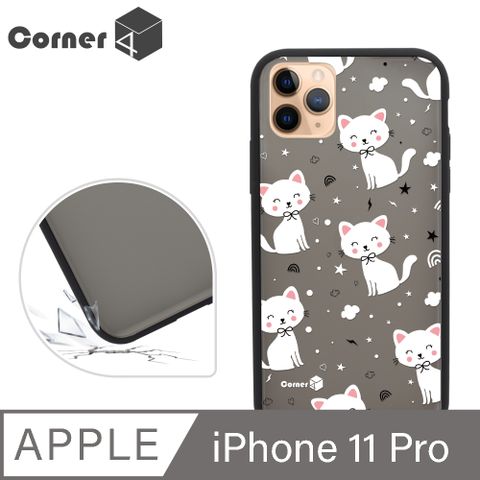 Corner4 Corner4 iPhone 11 Pro 5.8吋柔滑觸感軍規防摔手機殼-小白貓(黑殼)