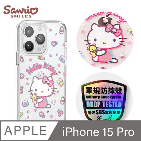 APBS 三麗鷗 iPhone 15 Pro 6.1吋輕薄軍規防摔水晶彩鑽手機殼-愛心凱蒂