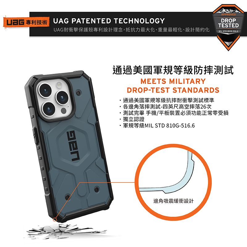 UAG PATENTED TECHNOOGYUAG耐衝擊保護殼專利設計理念,抵抗力最大化、重量最輕化、設計簡約化APPROVEDDROPTESTEDMILLL通過美國軍規等級防摔測試MEETS MILITARYDROP-TEST STANDARDS通過美國軍規等級抗摔耐衝擊測試標準各邊角落摔測試-四英尺高空摔落26次測試完畢 手機/平板裝置必須功能正常零受損獨立認證軍規等級MIL STD 810G-516.6邊角吸震緩衝設計