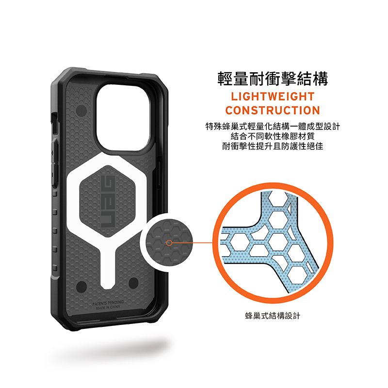 PATENTS PENDINGMADE IN CHINA輕量耐衝擊結構LIGHTWEIGHTCONSTRUCTION特殊蜂巢式輕量化結構一體成型設計結合不同軟性橡膠材質耐衝擊性提升且防護性絕佳蜂巢式結構設計