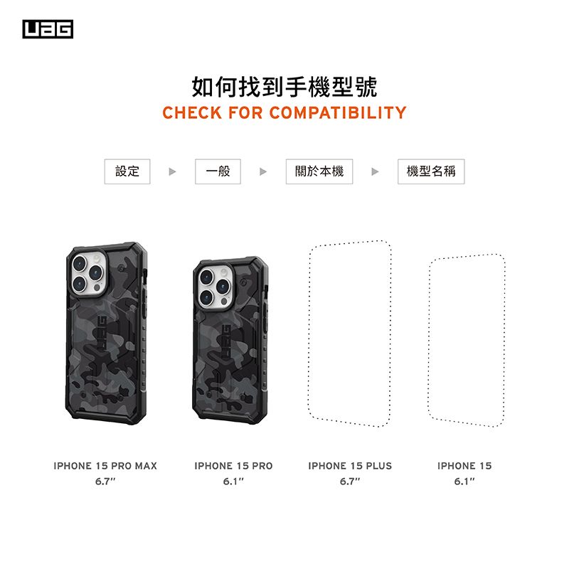 如何找到手機型號CHECK FOR COMPATIBILITY設定一般關於本機機型名稱IPHONE 15 PRO MAXIPHONE 15 PROIPHONE 15 PLUSIPHONE 156.76.76.1