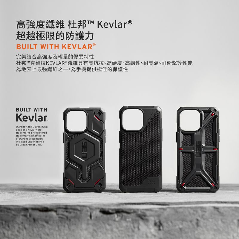 高強度纖維 杜邦 Kevlar®超越極限的防護力BUILT WITH KEVLAR®完美結合高強度及輕量的優異特性杜邦克維拉KEVLAR®纖維具有高抗拉、高硬度、高韌性、耐高溫、耐衝擊等性能為地表上最強纖維之一,為手機提供極佳的保護性BUILT WITHKevlarDuPont™, the DuPont OvalLogo and Kevlar® aretrademarks or registeredtrademarks of affiliatesof DuPont de NemoursInc used under licenseby Urban Armor Gear.