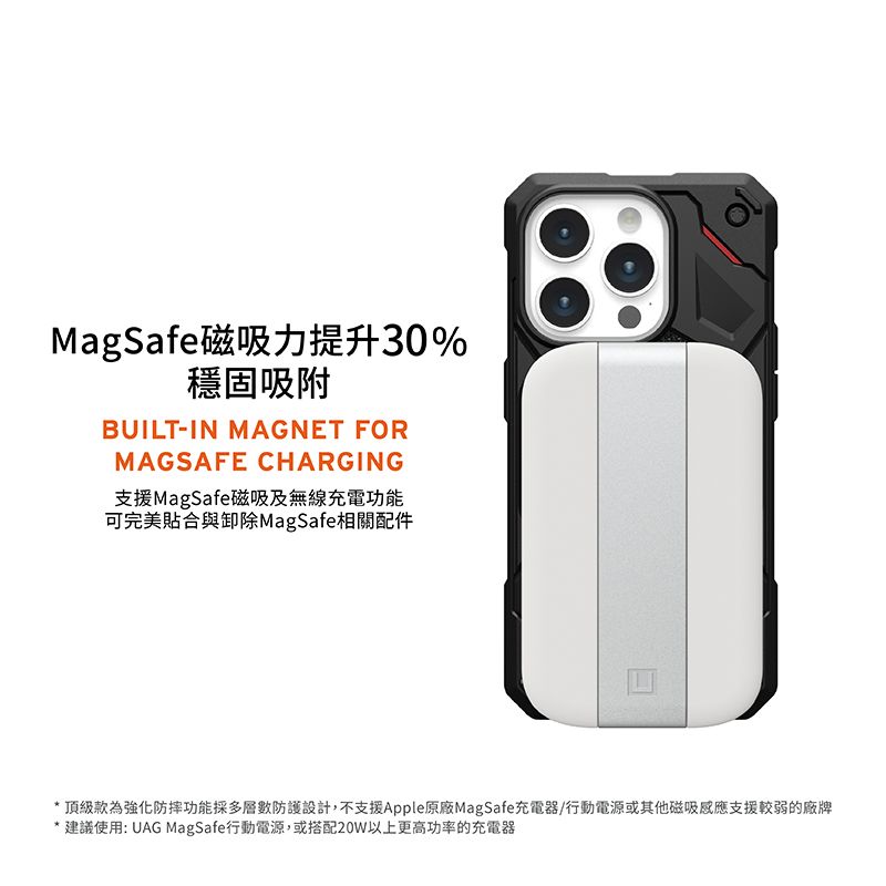 MagSafe磁吸力提升30%穩固吸附BUILT-IN MAGNET FORMAGSAFE CHARGING支援MagSafe磁吸及無線充電功能可完美貼合與卸除MagSafe相關配件* 頂級款為強化防摔功能採多層數防護設計,不支援Apple原廠MagSafe充電器/行動電源或其他磁吸感應支援較弱的廠牌* 建議使用: UAG MagSafe行動電源,或搭配20W以上更高功率的充電器