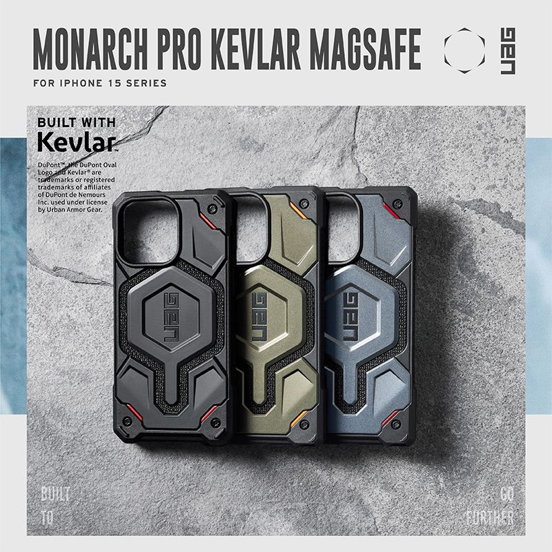 MONARC PRO KEVLAR MAGAFE HFOR IPHONE 15 SERIESBUILT WITHKevlarDuPonte DuPont OvalLogo and Kevlar® aretrademarks or registeredtrademarks of affiliatesof DuPont de NemoursInc used under licenseby Urban Armor Gear.FS