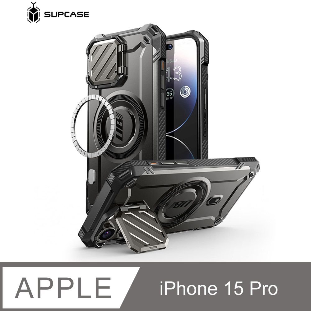  SUPCASE iPhone 15 Pro UB Mag XT-抗震防摔磁吸支架保護殼(黑: 含鏡頭蓋支架)