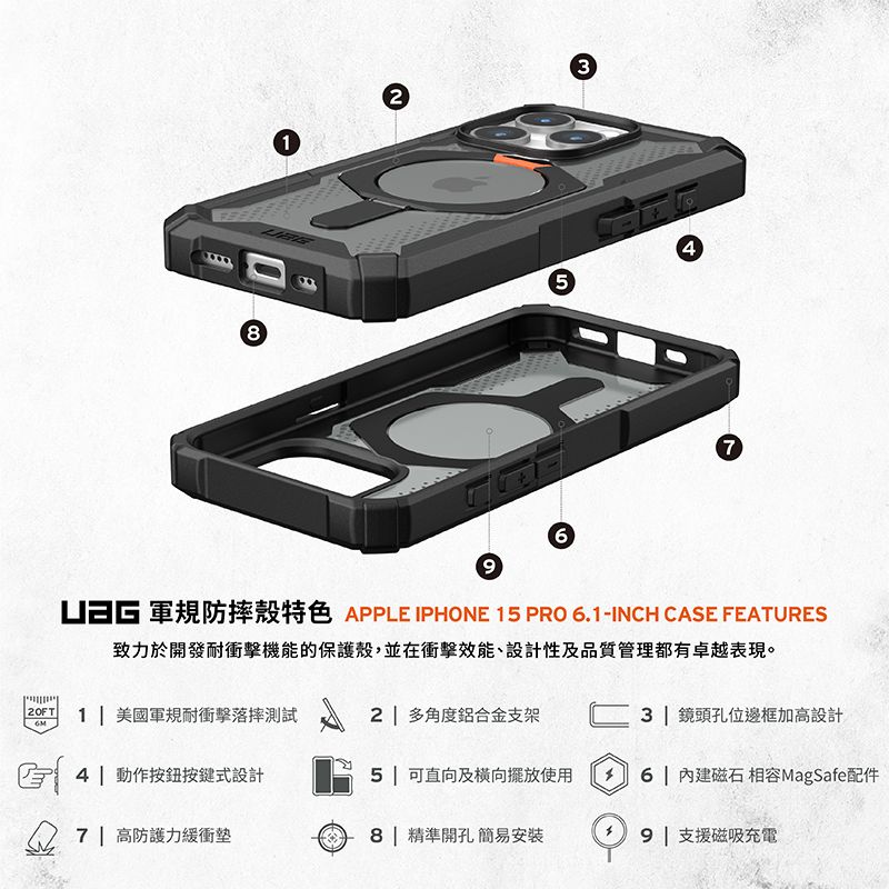 81235697 軍防摔殼特色 APPLE IPHONE 15 PRO 6.1-INCH CASE FEATURES致力於開發耐衝擊機能的保護殼,並在衝擊效能、設計性及品質管理都有卓越表現。1| 美國軍規耐衝擊落摔測試2| 多角度鋁合金支架3| 鏡頭孔位邊框加高設計4| 動作按鈕按鍵式設計5 | 可直向及橫向擺放使用 磁石相容MagSafe配件7| 高防護力緩衝8| 精準開孔 簡易安裝9| 支援磁吸充電