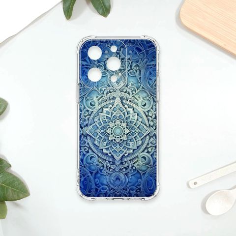 TRON IPhone 15 PRO 藍色漸層印度Henna幸運祝福圖騰 四角防摔殼 手機殼