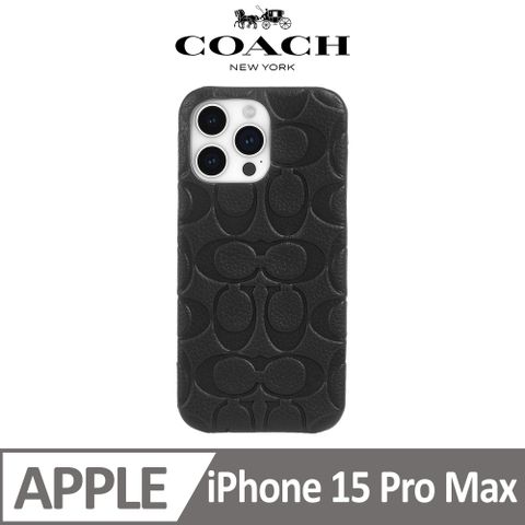 COACH 蔻馳 iPhone 15 Pro Max 真皮手機殼 黑色壓花經典大C