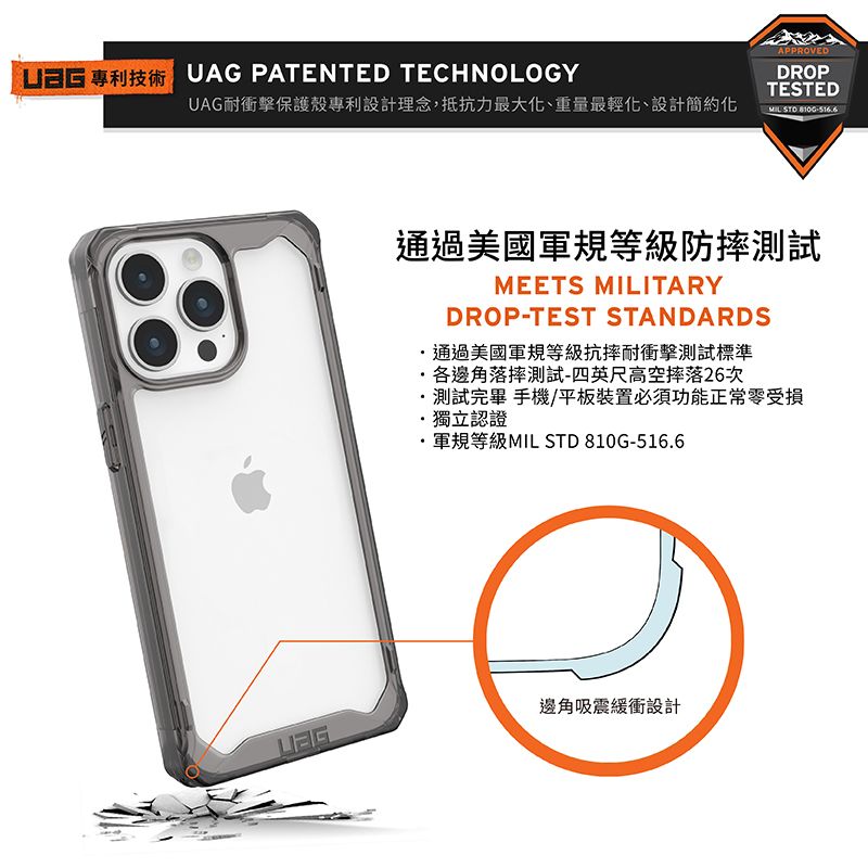 UAG PATENTED TECHNOLOGYUAG耐衝擊保護殼專利設計理念,抵抗力最大化、重量最輕化、設計簡約化APPROVEDDROPTESTEDMIL-通過美國軍規等級防摔測試MEETS MILITARYDROP-TEST STANDARDS通過美國軍規等級抗摔耐衝擊測試標準各邊角落摔測試-四英尺高空摔落26次測試完畢 手機/平板裝置必須功能正常零受損獨立認證軍規等級MIL STD 810G-516.6邊角吸震緩衝設計