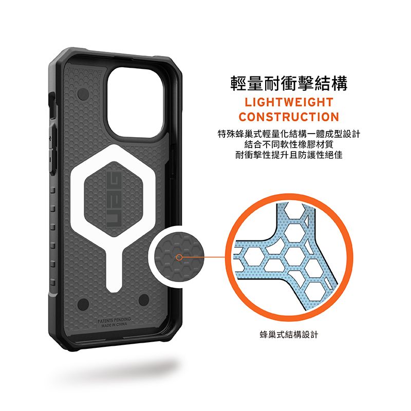 PATENTS PENDINGMADE IN 輕量耐衝擊結構LIGHTWEIGHTCONSTRUCTION特殊蜂巢式輕量化結構一體成型設計結合不同軟性橡膠材質耐衝擊性提升且防護性絕佳蜂巢式結構設計