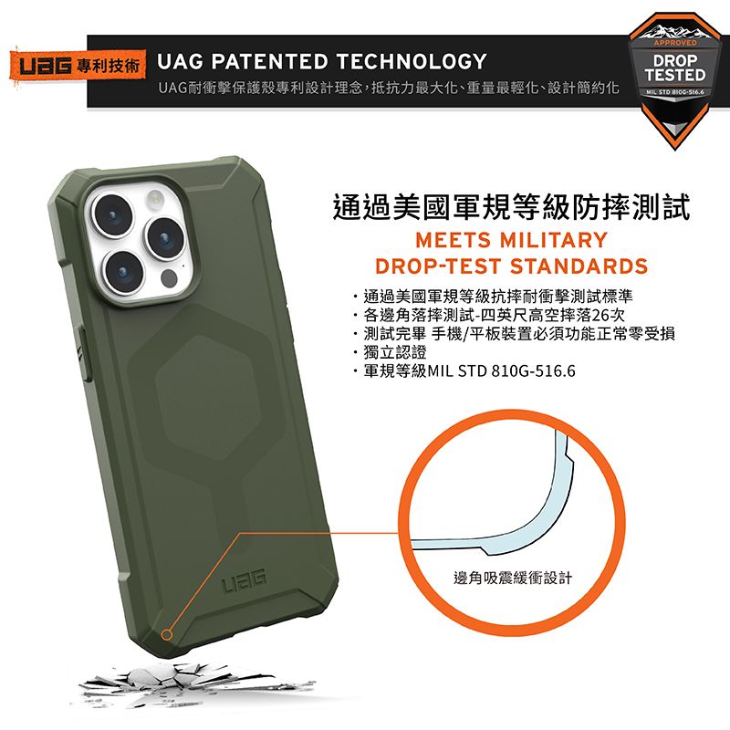 UAG PATENTED TECHNOLOGYUAG耐衝擊保護殼專利設計理念,抵抗力最大化、重量最輕化、設計簡約化APPROVEDDROPTESTEDMIL  通過美國軍規等級防摔測試MEETS MILITARYDROP-TEST STANDARDS通過美國軍規等級抗摔耐衝擊測試標準各邊角落摔測試-四英尺高空摔落26次測試完畢 手機/平板裝置必須功能正常零受損獨立認證軍規等級MIL STD 810G-516.6邊角吸震緩衝設計