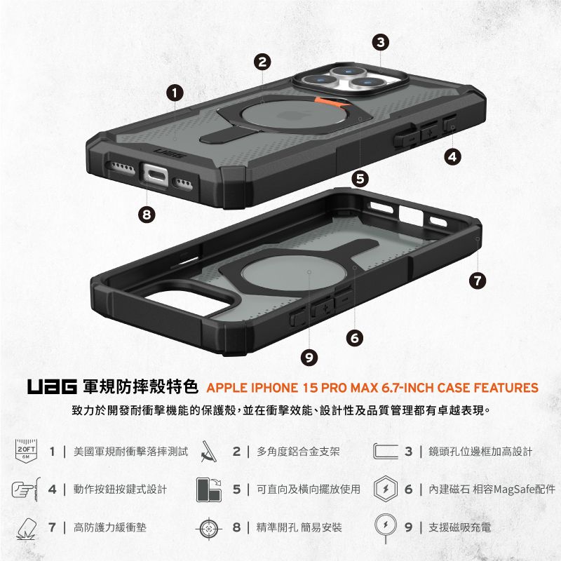 81457 軍防摔殼特色 APPLE IPHONE 15 PRO MAX 6.7-INCH CASE FEATURES致力於開發耐衝擊機能的保護殼,並在衝擊效能、設計性及品質管理都有卓越表現。1 美國軍規耐衝擊落摔測試2 多角度鋁合金支架3 鏡頭孔位邊框加高設計4| 動作按鈕按鍵式設計5| 可直向及橫向擺放使用6 磁石相容MagSafe配件| 高防護力緩衝墊8| 精準開孔簡易安裝9| 支援磁吸充電