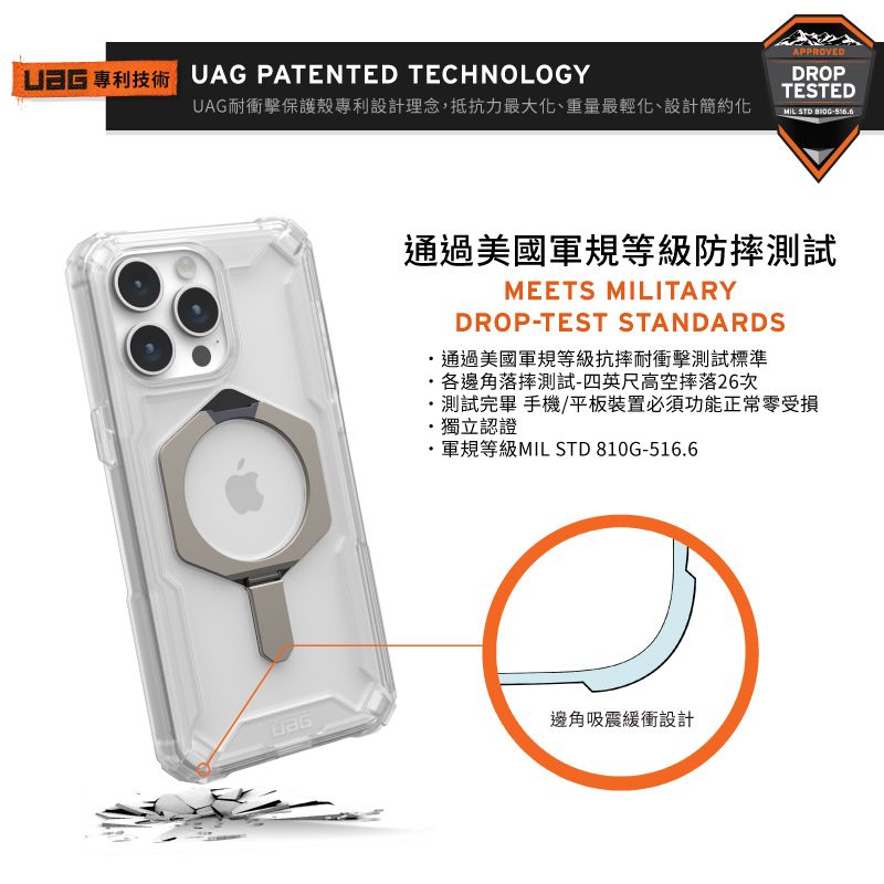 UAG PATENTED TECHNOLOGYUAG耐衝擊保護殼專利設計理念,抵抗力最大化、重量最輕化、設計簡約化APPROVEDDROPTESTEDMIL STD 5166通過美國軍規等級防摔測試.MEETS MILITARYDROP-TEST STANDARDS通過美國軍規等級抗摔耐衝擊測試標準各邊角落摔測試-四英尺高空摔落26次測試完畢 手機/平板裝置必須功能正常零受損獨立認證軍規等級MIL STD 810G-516.6邊角吸震緩衝設計