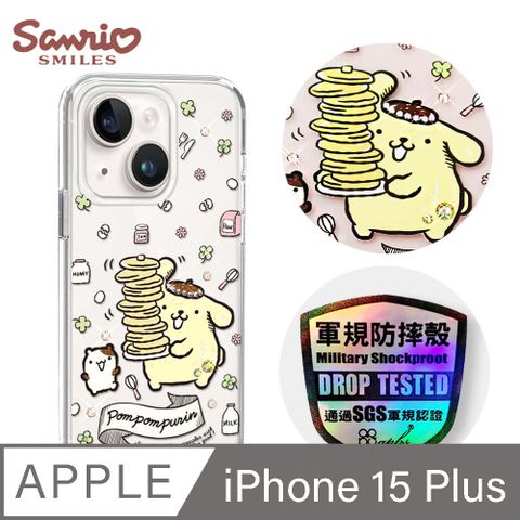 APBS 三麗鷗 iPhone 15 Plus 6.7吋輕薄軍規防摔水晶彩鑽手機殼-鬆餅布丁狗