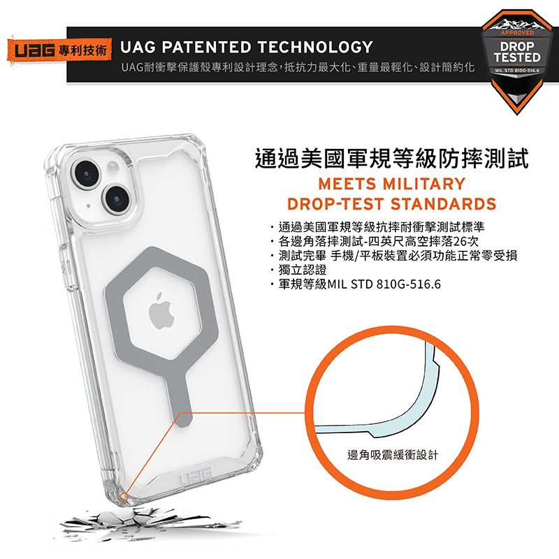 UAG PATENTED TECHNOLOGYUAG耐衝擊保護殼專利設計理念,抵抗力最大化、重量最輕化、設計簡約化APPROVEDDROPTESTEDMIL-516通過美國軍規等級防摔測試MEETS MILITARYDROP-TEST STANDARDS通過美國軍規等級抗摔耐衝擊測試標準各邊角落摔測試-四英尺高空摔落26次測試完畢 手機/平板裝置必須功能正常零受損獨立認證軍規等級MIL STD 810G-516.6邊角吸震緩衝設計