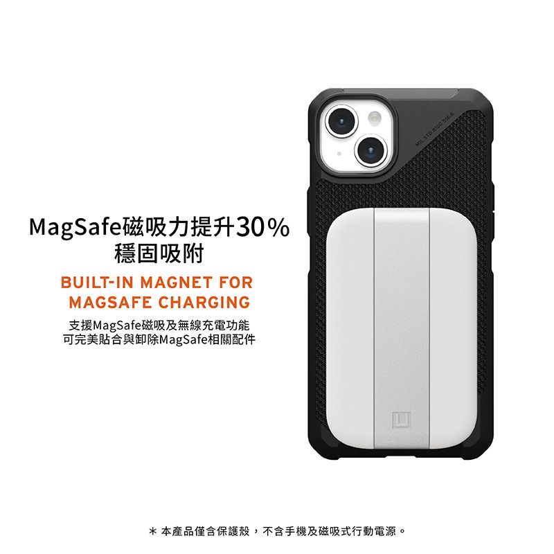 MagSafe磁吸力提升30%穩固吸附BUILT-IN MAGNET FORMAGSAFE CHARGING支援MagSafe磁吸及無線充電功能可完美貼合與卸除MagSafe相關配件* 本產品僅含保護殼,不含手機及磁吸式行動電源。