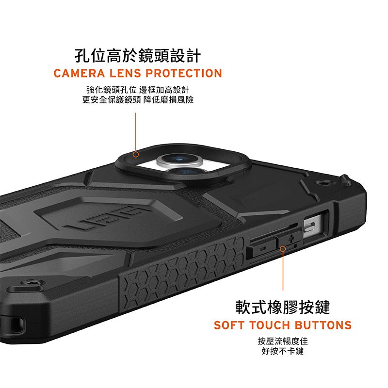 孔位高於鏡頭設計CAMERA LENS PROTECTION強化鏡頭孔位 邊框加高設計更安全保護鏡頭 降低磨損風險軟式橡膠按鍵SOFT TOUCH BUTTONS按壓流暢度佳好按不卡鍵