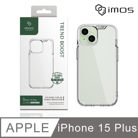 前後增高設計 防止螢幕背蓋摩iMOS Apple iPhone 15 Plus 6.7吋Ｍ系列 軍規認證雙料防震保護殼 - 透明