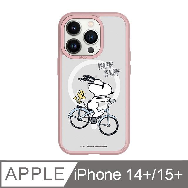 TOYSELECT 拓伊生活 iPhone 14 Plus/15 Plus 6.7吋 SNOOPY史努比 騎單車極光霧透MagSafe iPhone手機殼