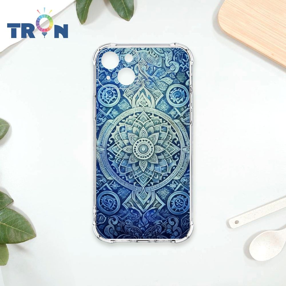  TRON IPhone 15 PLUS 藍色漸層印度Henna幸運祝福圖騰 四角防摔殼 手機殼