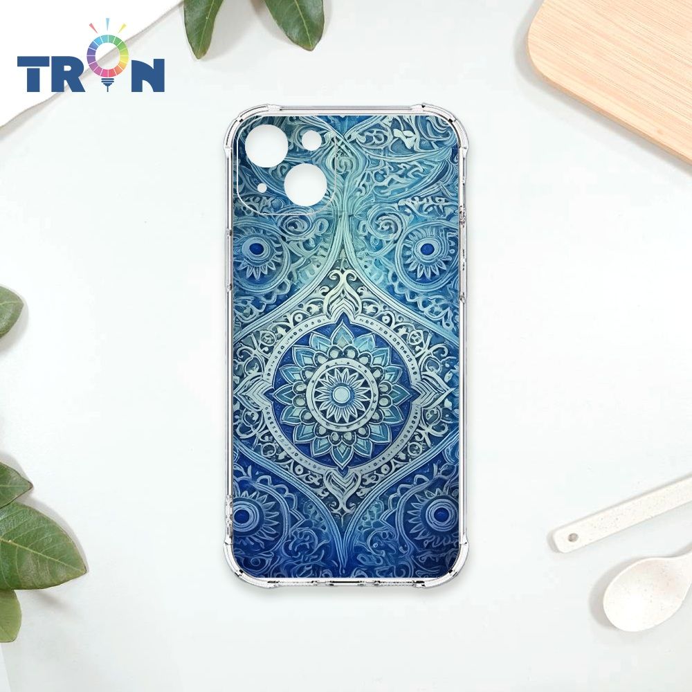  TRON IPhone 15 PLUS 藍色漸層印度Henna幸運祝福圖騰 四角防摔殼 手機殼