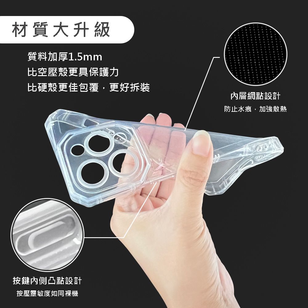 材質大升級質料加厚1.5mm比空壓殼更具保護力比硬殼更佳包覆更好拆裝按鍵內側凸點設計按壓靈敏度如同裸機內層網點設計防止水痕,加強散熱