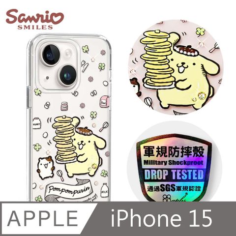 APBS 三麗鷗 iPhone 15 6.1吋輕薄軍規防摔水晶彩鑽手機殼-鬆餅布丁狗