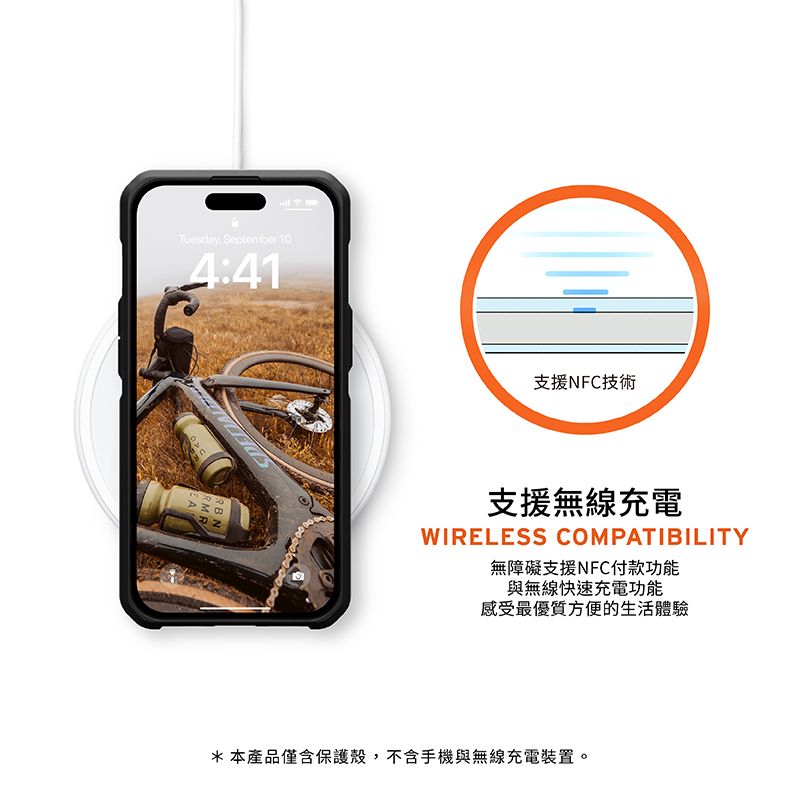 Tuesday, September 4:41支援NFC技術支援無線充電WIRELESS COMPATIBILITY無障礙支援NFC付款功能與無線快速充電功能感受最優質方便的生活體驗*本產品僅含保護殼,不含手機與無線充電裝置。