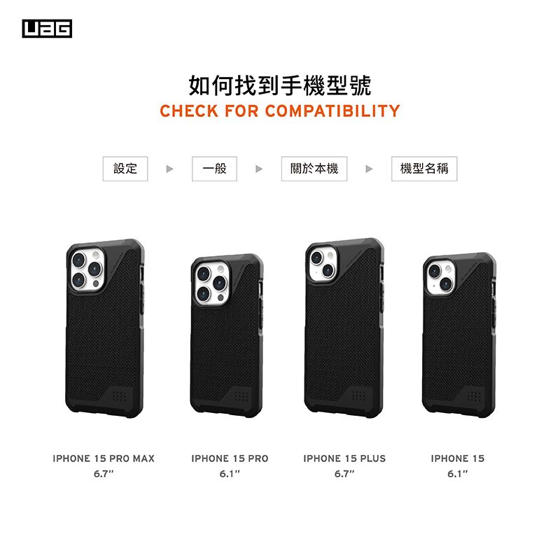 如何找到手機型號CHECK FOR COMPATIBILITY設定一般關於本機機型名稱IPHONE 15 PRO MAXIPHONE 15 PROIPHONE 15 PLUSIPHONE 156.76.7